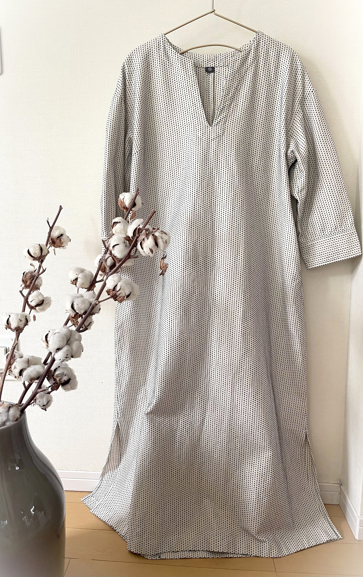 三河木綿　刺し子織　ロングワンピース(1本刺し子）