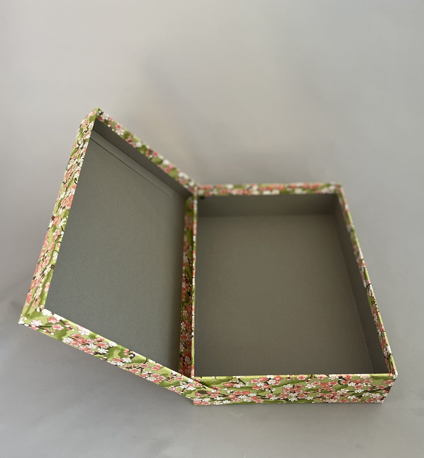 Yuzen Washi Tool Box (Shallow) Plum and Cherry Blossom Design, Light Green